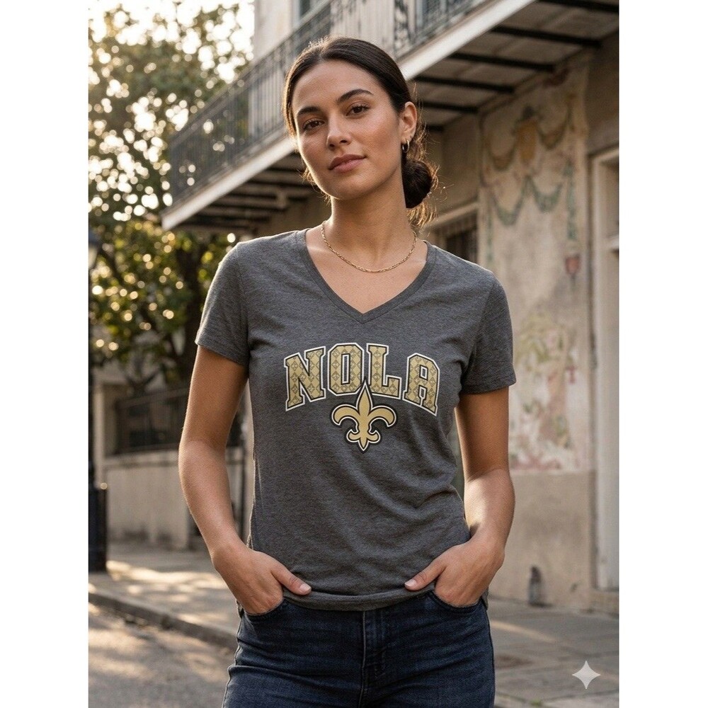 Fanatics Womens New Orleans Saints NOLA V-Neck Graphic T-Shirt Gray L NWOT